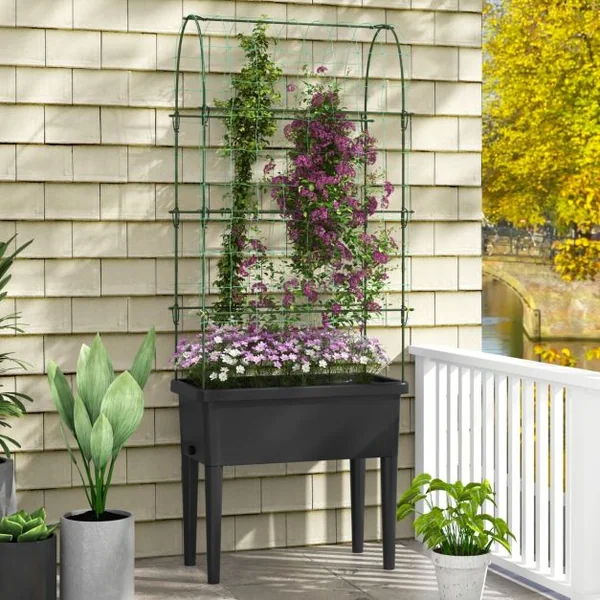 Jardinière Surélevée à Arrosage Automatique avec Treillis Lit de Jardin avec Indicateur de Niveau d'Eau Trou De Drainage pour Fleurs Légumes Noir