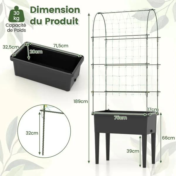 Jardinière Surélevée à Arrosage Automatique avec Treillis Lit de Jardin avec Indicateur de Niveau d'Eau Trou De Drainage pour Fleurs Légumes Noir