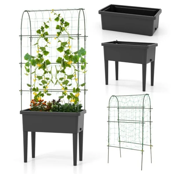Jardinière Surélevée à Arrosage Automatique avec Treillis Lit de Jardin avec Indicateur de Niveau d'Eau Trou De Drainage pour Fleurs Légumes Noir