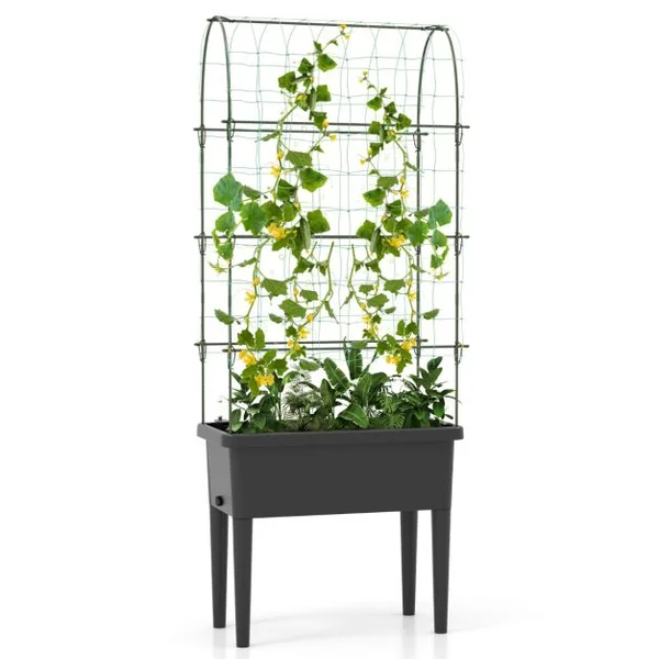 Jardinière Surélevée à Arrosage Automatique avec Treillis Lit de Jardin avec Indicateur de Niveau d'Eau Trou De Drainage pour Fleurs Légumes Noir