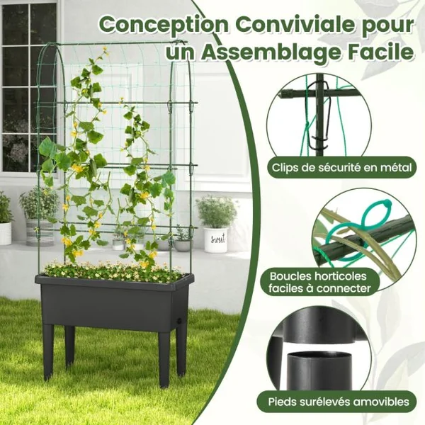 Jardinière Surélevée à Arrosage Automatique avec Treillis Lit de Jardin avec Indicateur de Niveau d'Eau Trou De Drainage pour Fleurs Légumes Noir