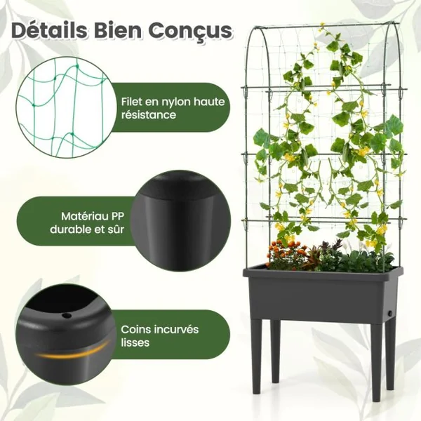 Jardinière Surélevée à Arrosage Automatique avec Treillis Lit de Jardin avec Indicateur de Niveau d'Eau Trou De Drainage pour Fleurs Légumes Noir