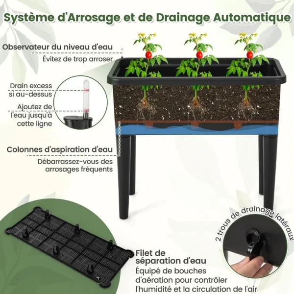 Jardinière Surélevée à Arrosage Automatique avec Treillis Lit de Jardin avec Indicateur de Niveau d'Eau Trou De Drainage pour Fleurs Légumes Noir