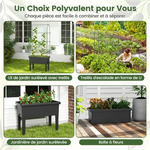 Jardinière Surélevée à Arrosage Automatique avec Treillis Lit de Jardin avec Indicateur de Niveau d'Eau Trou De Drainage pour Fleurs Légumes Noir