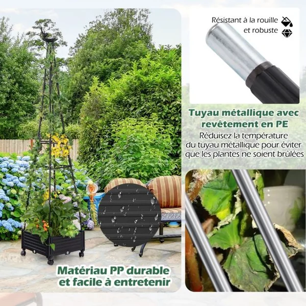 Jardinière Surélevée à Roulettes avec Treillis Lit de Jardin avec Auto-Drainage Oiseaux et Flèches Décoratives Cage à Tomates 41 x 41 x 208 cm Noir