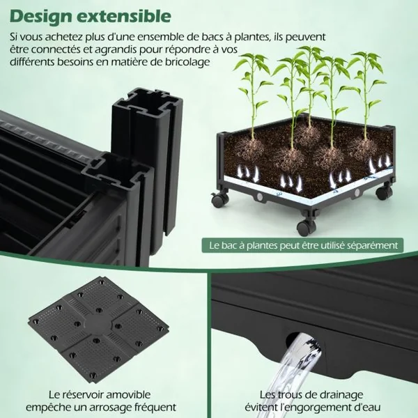 Jardinière Surélevée à Roulettes avec Treillis Lit de Jardin avec Auto-Drainage Oiseaux et Flèches Décoratives Cage à Tomates 41 x 41 x 208 cm Noir