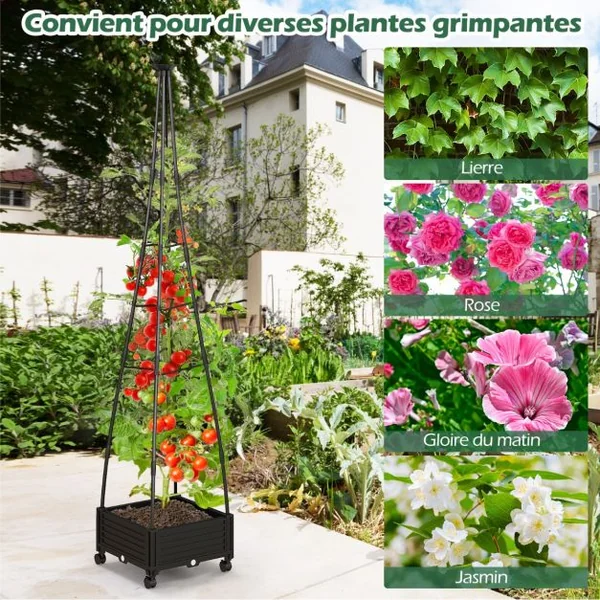 Jardinière Surélevée à Roulettes avec Treillis Lit de Jardin avec Auto-Drainage Oiseaux et Flèches Décoratives Cage à Tomates 41 x 41 x 208 cm Noir