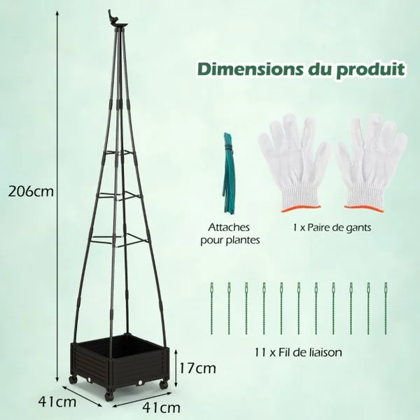 Jardinière Surélevée à Roulettes avec Treillis Lit de Jardin avec Auto-Drainage Oiseaux et Flèches Décoratives Cage à Tomates 41 x 41 x 208 cm Noir