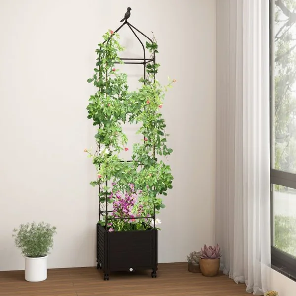 Jardinière Surélevée à Roulettes avec Treillis Lit de Jardin avec Auto-drainage Treillis Obélisque 3 Hauteurs Réglable Cage à Tomates Noir