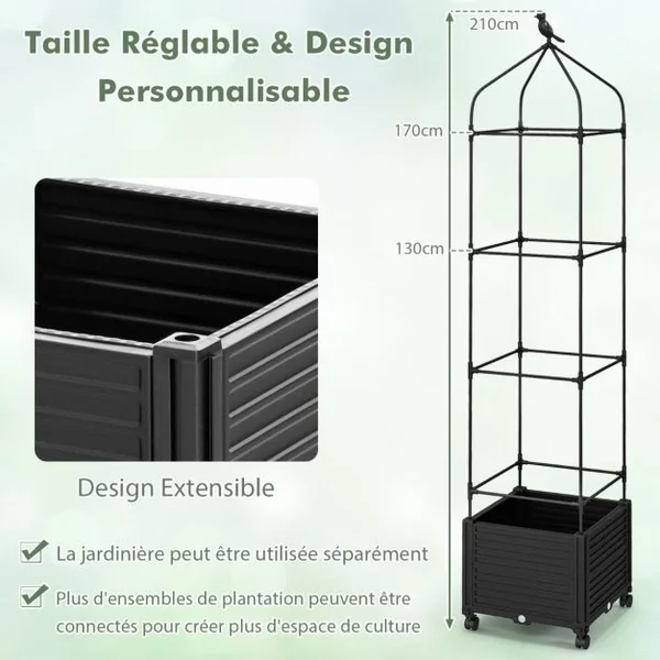 Jardinière Surélevée à Roulettes avec Treillis Lit de Jardin avec Auto-drainage Treillis Obélisque 3 Hauteurs Réglable Cage à Tomates Noir