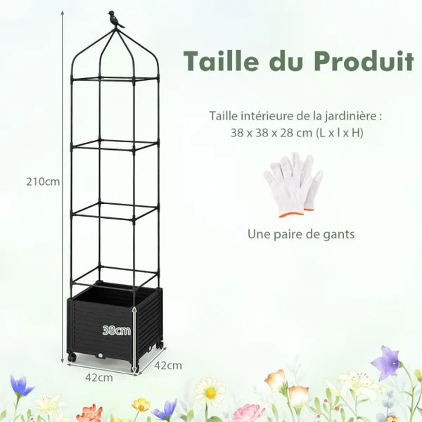 Jardinière Surélevée à Roulettes avec Treillis Lit de Jardin avec Auto-drainage Treillis Obélisque 3 Hauteurs Réglable Cage à Tomates Noir