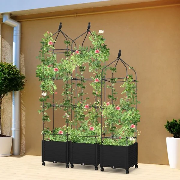 Jardinière Surélevée à Roulettes avec Treillis Lit de Jardin avec Auto-drainage Treillis Obélisque 3 Hauteurs Réglable Cage à Tomates Noir
