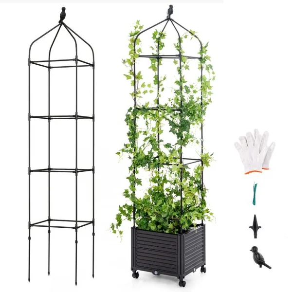 Jardinière Surélevée à Roulettes avec Treillis Lit de Jardin avec Auto-drainage Treillis Obélisque 3 Hauteurs Réglable Cage à Tomates Noir