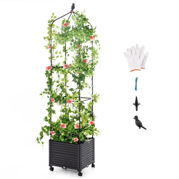 Jardinière Surélevée à Roulettes avec Treillis Lit de Jardin avec Auto-drainage Treillis Obélisque 3 Hauteurs Réglable Cage à Tomates Noir