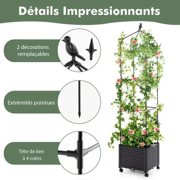 Jardinière Surélevée à Roulettes avec Treillis Lit de Jardin avec Auto-drainage Treillis Obélisque 3 Hauteurs Réglable Cage à Tomates Noir