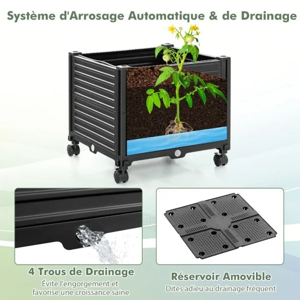 Jardinière Surélevée à Roulettes avec Treillis Lit de Jardin avec Auto-drainage Treillis Obélisque 3 Hauteurs Réglable Cage à Tomates Noir