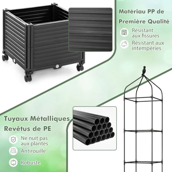 Jardinière Surélevée à Roulettes avec Treillis Lit de Jardin avec Auto-drainage Treillis Obélisque 3 Hauteurs Réglable Cage à Tomates Noir