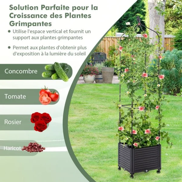 Jardinière Surélevée à Roulettes avec Treillis Lit de Jardin avec Auto-drainage Treillis Obélisque 3 Hauteurs Réglable Cage à Tomates Noir