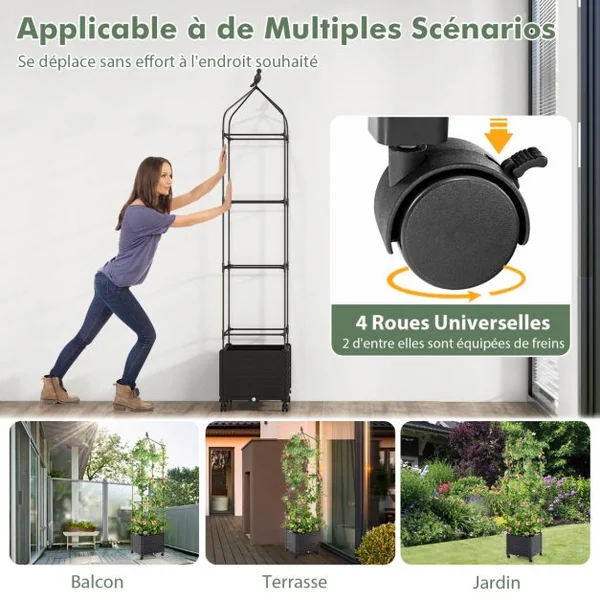 Jardinière Surélevée à Roulettes avec Treillis Lit de Jardin avec Auto-drainage Treillis Obélisque 3 Hauteurs Réglable Cage à Tomates Noir