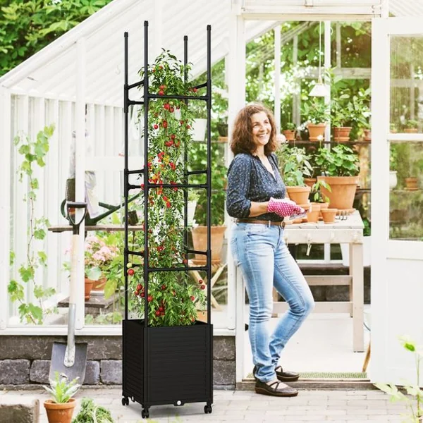 Jardinière Surélevée à Roulettes avec Treillis Obélisque Lit de Jardin à Arrosage Automatique avec 3 Hauteurs 42 x 42 x 219 cm Noir