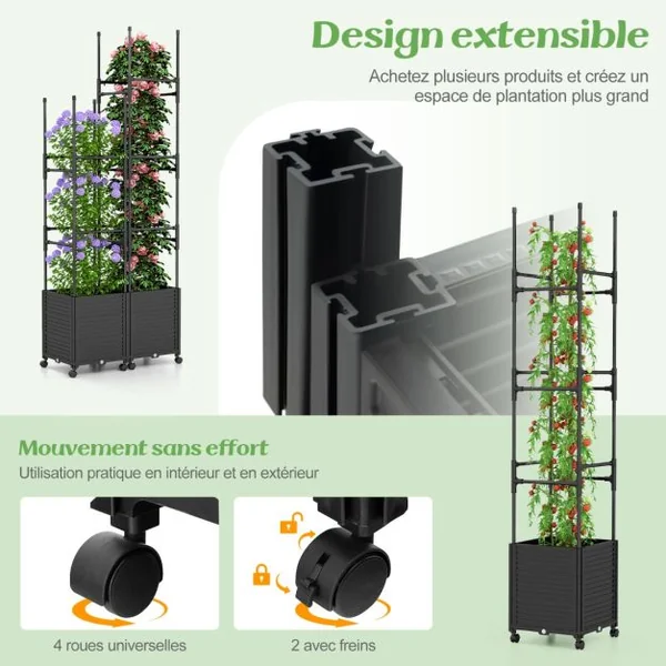 Jardinière Surélevée à Roulettes avec Treillis Obélisque Lit de Jardin à Arrosage Automatique avec 3 Hauteurs 42 x 42 x 219 cm Noir