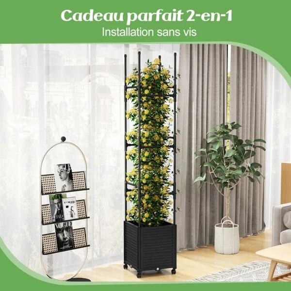 Jardinière Surélevée à Roulettes avec Treillis Obélisque Lit de Jardin à Arrosage Automatique avec 3 Hauteurs 42 x 42 x 219 cm Noir