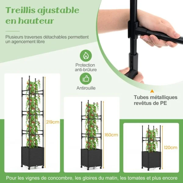 Jardinière Surélevée à Roulettes avec Treillis Obélisque Lit de Jardin à Arrosage Automatique avec 3 Hauteurs 42 x 42 x 219 cm Noir