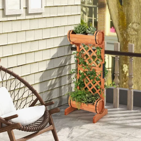 Jardinière à 2 Niveaux avec Treillis en Bois de Sapin 45,5x36x113 CM Bac à Fleurs Cylindrique pour Plante Grimpante Vigne