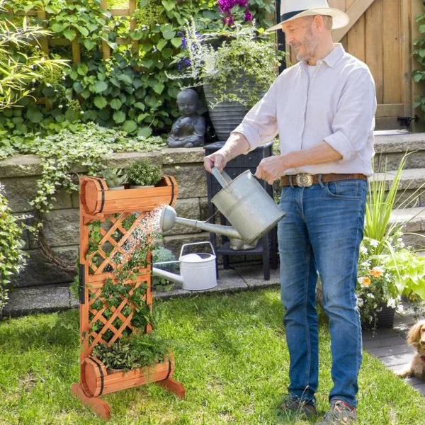 Jardinière à 2 Niveaux avec Treillis en Bois de Sapin 45,5x36x113 CM Bac à Fleurs Cylindrique pour Plante Grimpante Vigne