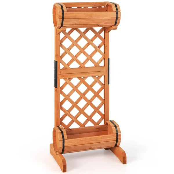 Jardinière à 2 Niveaux avec Treillis en Bois de Sapin 45,5x36x113 CM Bac à Fleurs Cylindrique pour Plante Grimpante Vigne