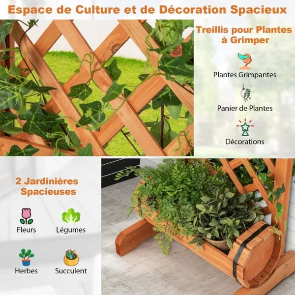 Jardinière à 2 Niveaux avec Treillis en Bois de Sapin 45,5x36x113 CM Bac à Fleurs Cylindrique pour Plante Grimpante Vigne
