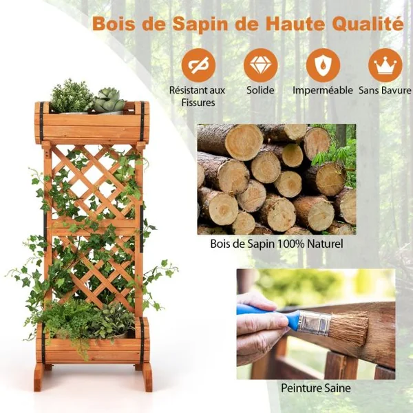 Jardinière à 2 Niveaux avec Treillis en Bois de Sapin 45,5x36x113 CM Bac à Fleurs Cylindrique pour Plante Grimpante Vigne
