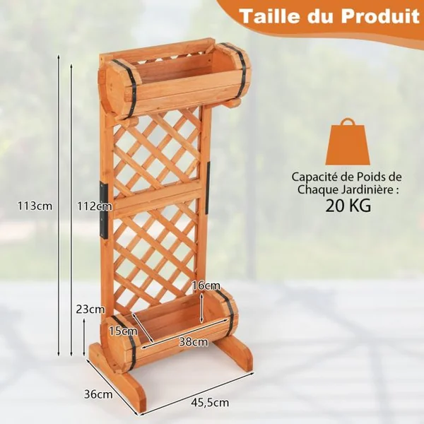 Jardinière à 2 Niveaux avec Treillis en Bois de Sapin 45,5x36x113 CM Bac à Fleurs Cylindrique pour Plante Grimpante Vigne
