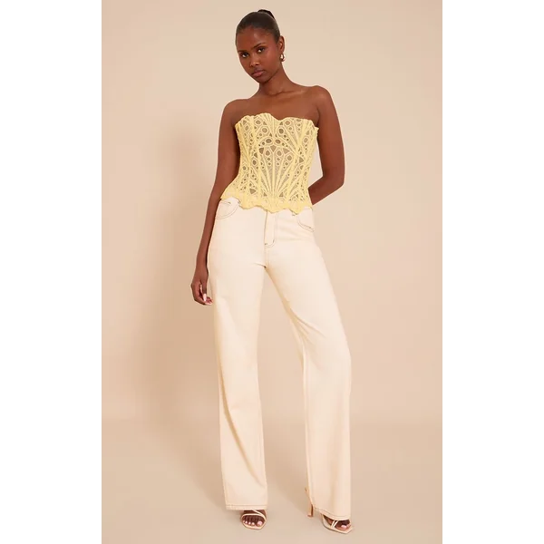 Jaune Beurre Corset En Dentelle Florale Transparente Texturée