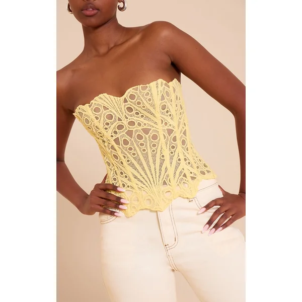 Jaune Beurre Corset En Dentelle Florale Transparente Texturée