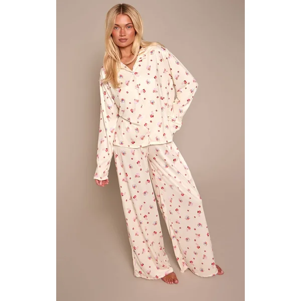 Jaune Beurre Ensemble De Pyjama À Manches Longues Avec Boutons Imprimé Bol D'açaï