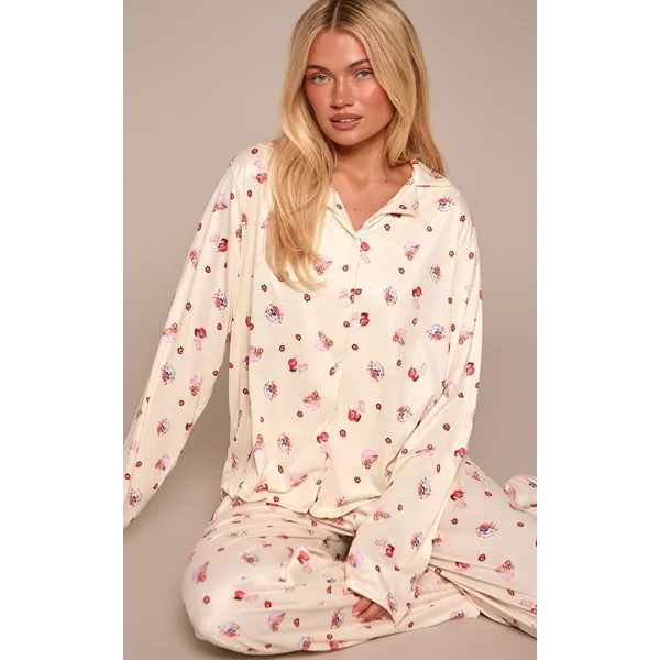 Jaune Beurre Ensemble De Pyjama À Manches Longues Avec Boutons Imprimé Bol D'açaï