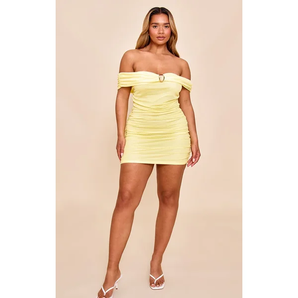 Jaune Beurre Robe Moulante Mini Bardot En Mesh Avec Détails Dorés Froncés