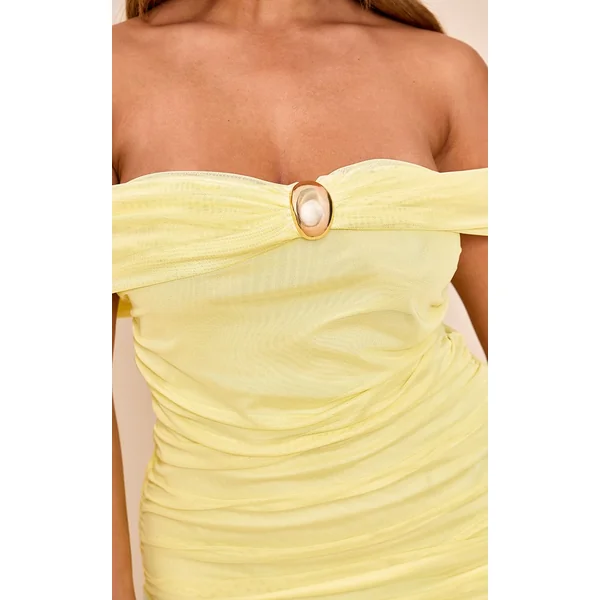 Jaune Beurre Robe Moulante Mini Bardot En Mesh Avec Détails Dorés Froncés