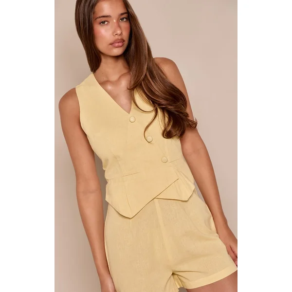 Jaune Citron Combi-short À Effet Lin Avec Gilet Intégré