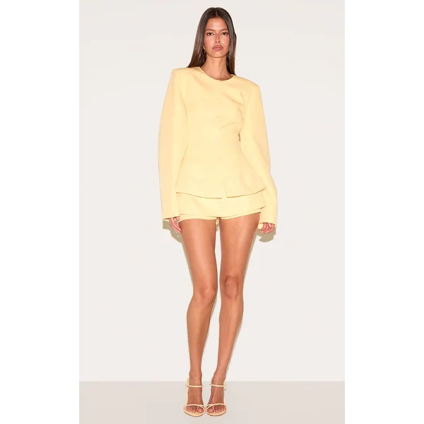 Jaune Citron Ensemble Blazer Cintré À Taille Froncée Et Manches Cocon Avec Boutonnage