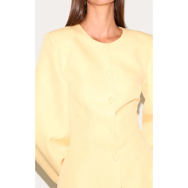 Jaune Citron Ensemble Blazer Cintré À Taille Froncée Et Manches Cocon Avec Boutonnage