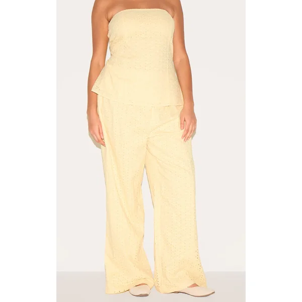 Jaune Citron Pantalon Grande Taille Taille Mi-haute En Lin Brodé Coordonné