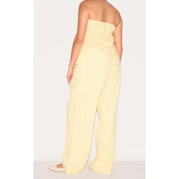 Jaune Citron Pantalon Grande Taille Taille Mi-haute En Lin Brodé Coordonné