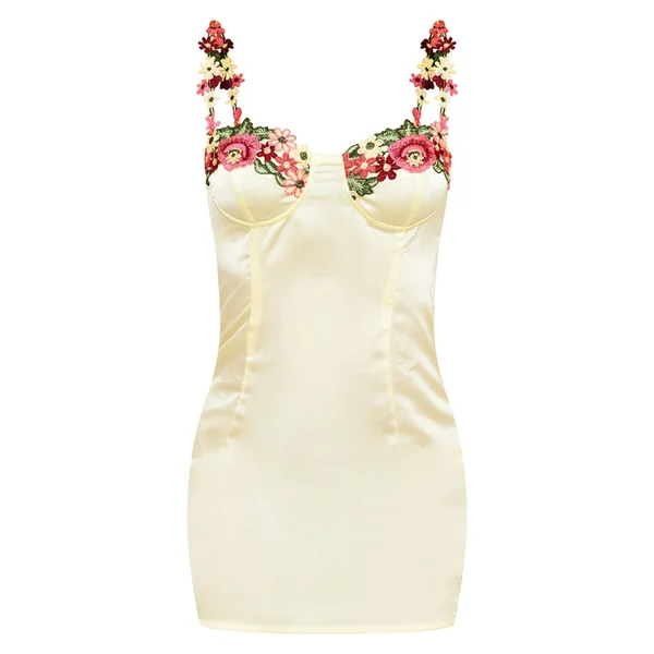 Jaune Citron Robe Droite À Bretelles En Satin Avec Détails Floraux Ornementaux