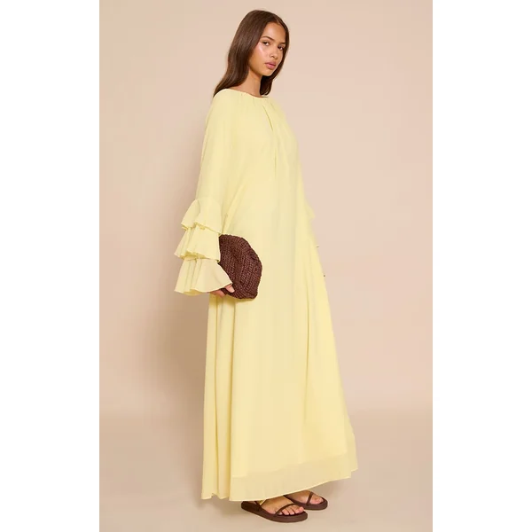 Jaune Citron Robe Longue En Mousseline Avec Détail De Manches À Volants