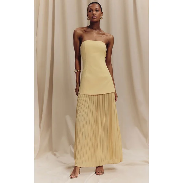 Jaune Citron Robe Maxi Bandeau À Jupe Plissée En Mousseline Avec Panneaux