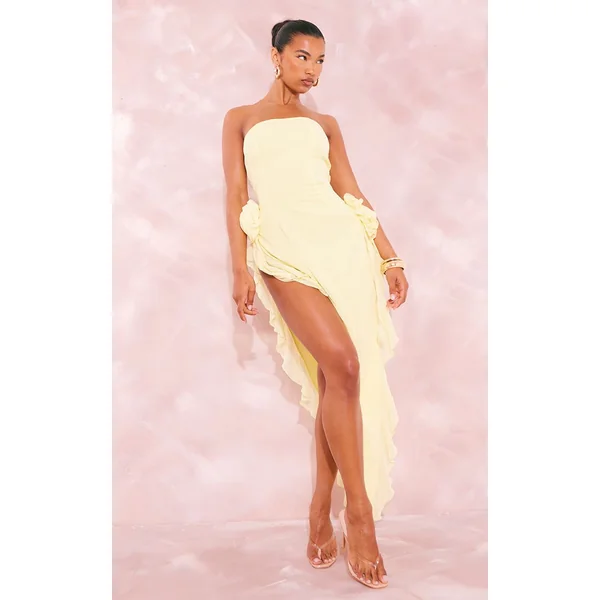 Jaune Citron Robe Midaxi Bustier À Détail Corsage Et Volants