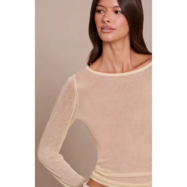 Jaune Pâle Haut À Manches Longues En Maille Transparente