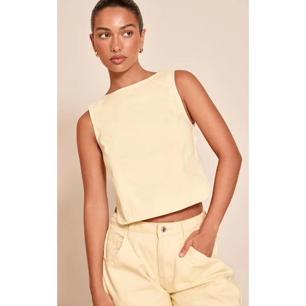 Jaune Pâle Top En Denim Sans Manches Crème Beurre Avec Lien Au Dos